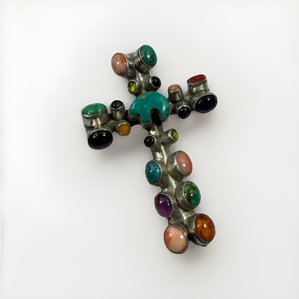 NAKAI Navajo Indian Multi Stone STERLING SILVER Cross Pendant 48.6 Grams